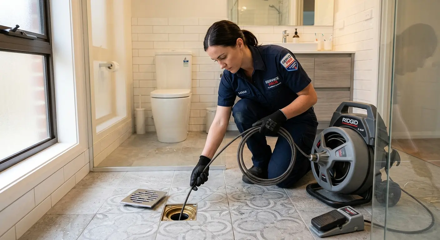 Technician clearing a bathroom floor drain for Drain Repair in Chelsea